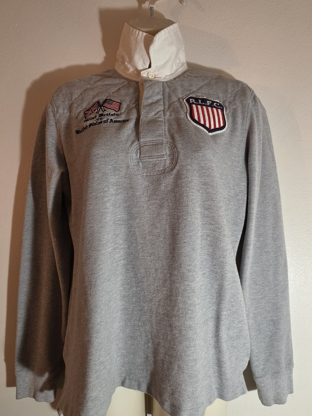Ralph Lauren Gray Long Sleeve Rugby Polo with White Collar and Red/Blue Crest